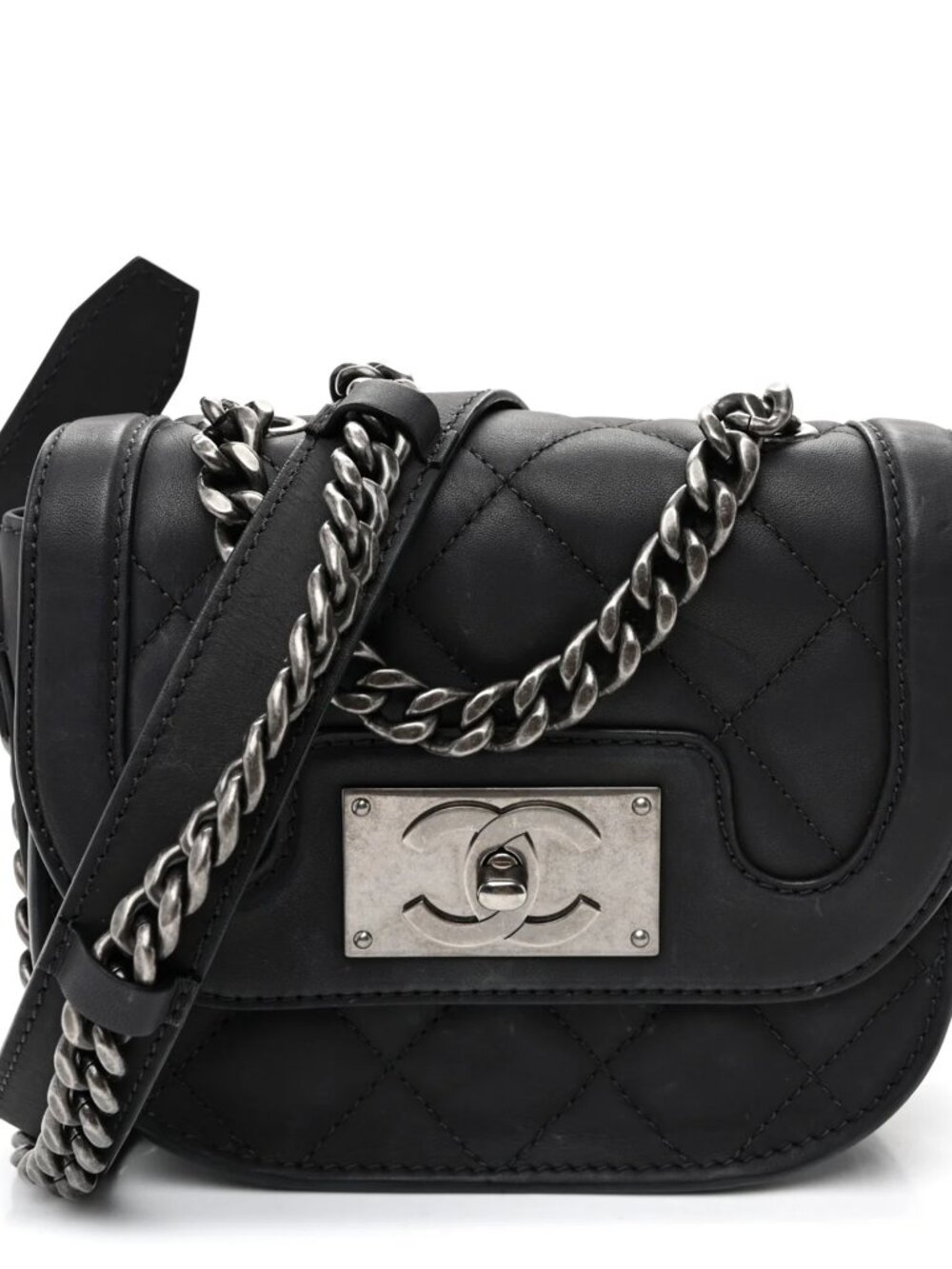 Chanel Calfskin Quilted Double Chained Messenger Flap Charcoal Crossbody Bag